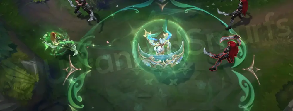 Prestige Immortal Journey Sona W - Aria of Perseverance heal pulse with soft golden ring and prismatic glints