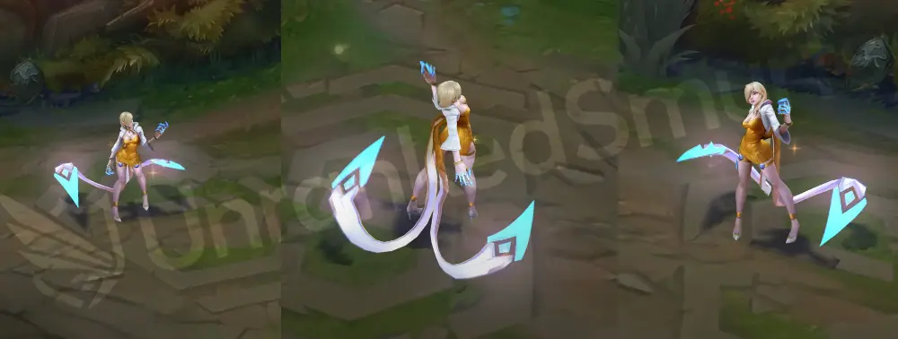 Prestige K/DA Evelynn in-game model overview, front and side view with white-and-gold outfit, blonde hair, and cyan claw accents