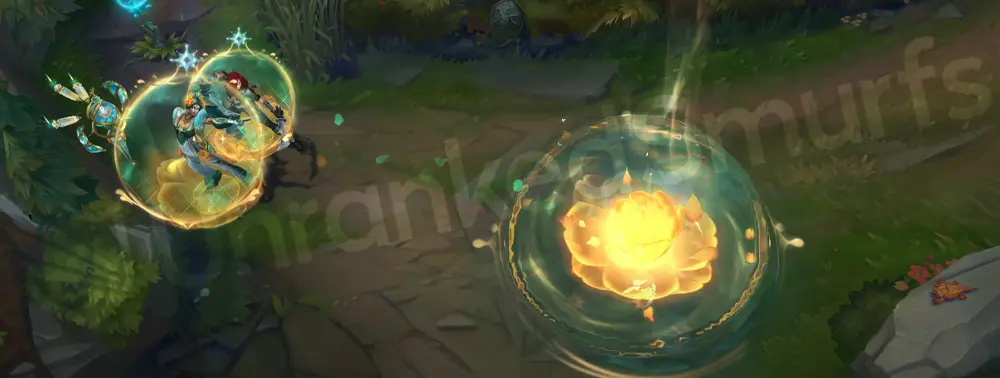 Prestige La Ilusión Renata Glasc E - Shield and damage wave framed by orange marigold petals