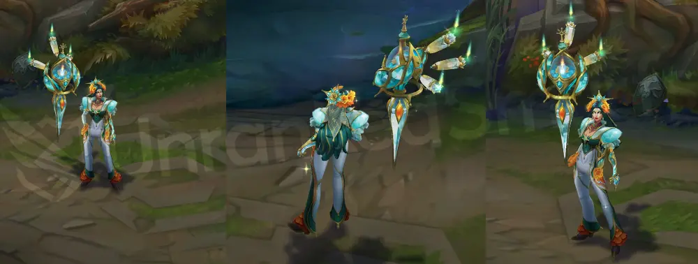 Prestige La Ilusión Renata Glasc in-game overview from front and side, showing white-and-green outfit, floral crown, and candle-filled decanter