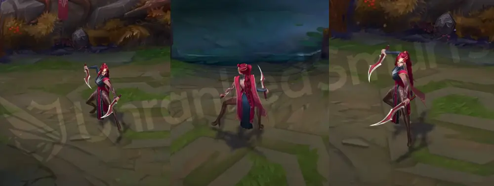 Prestige Masque of the Black Rose Katarina full in-game overview with red-and-black silk dress, golden half-mask, long braid, and gilded crimson daggers