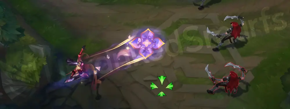 Prestige Mythmaker Sivir Q – Boomerang Blade first pass with a lotus-streaked pink arc and gold glimmer