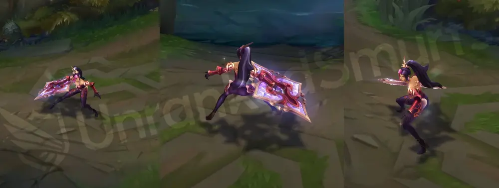 Prestige Mythmaker Sivir in-game overview, front and side view with magenta-and-gold attire and ornate purple-edged chakram