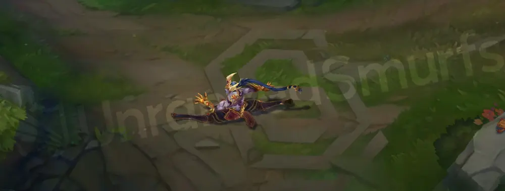 Prestige Nightbringer Lee Sin emote pose highlighting the horned mask and glowing accents
