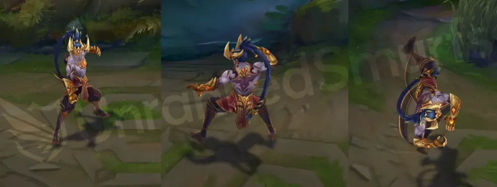 Prestige Nightbringer Lee Sin in-game model overview from front and side with golden armor and horned mask