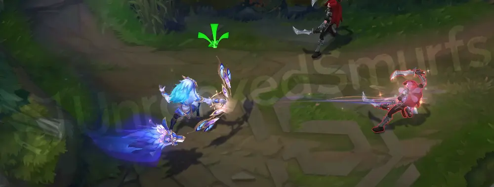 Prestige Porcelain Kindred basic attack with porcelain bow shot leaving a purple-blue trail and gold flecks