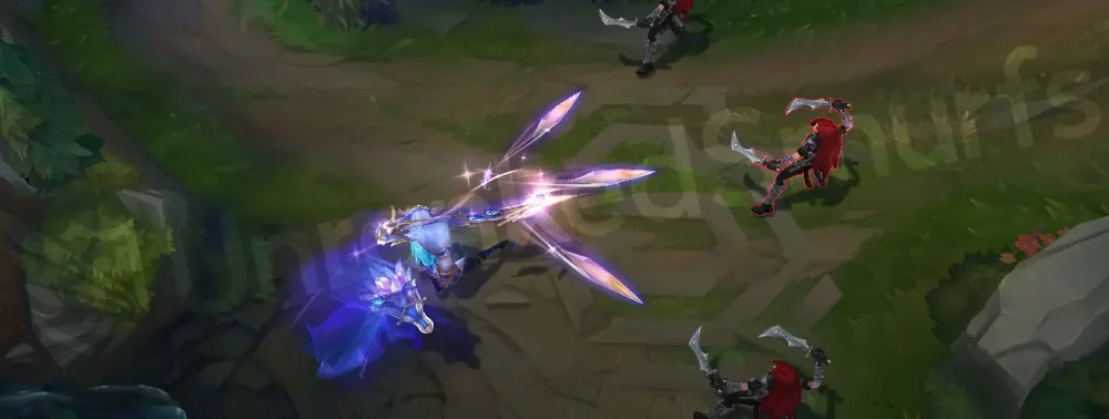 Prestige Porcelain Kindred Q - Dance of Arrows dash with curved porcelain shard arc and blue light