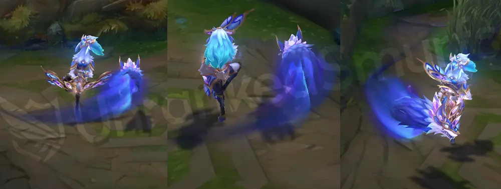Prestige Porcelain Kindred in-game overview, front and side: Lamb in white porcelain and blue-gold armor with gilded Wolf companion