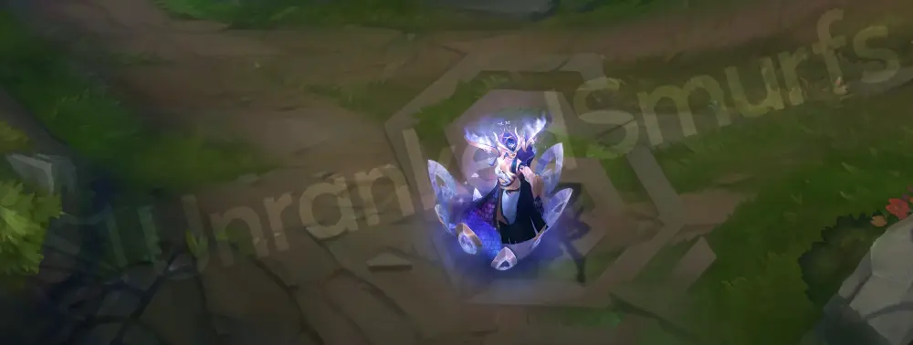 Prestige Porcelain Lissandra emote or idle animation highlighting jeweled headdress and gown details