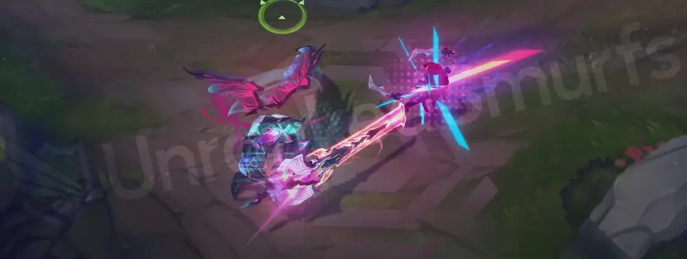Primordian Aatrox R Part 2 – empowered state with neon fins and dark bloom