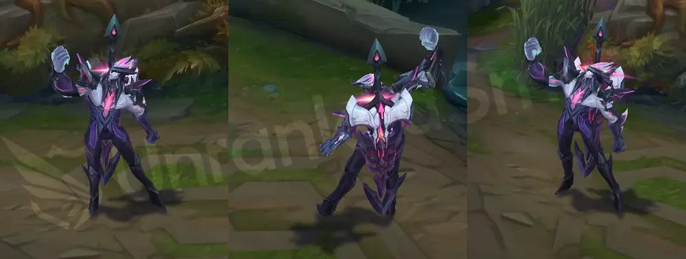 Primordian Aatrox in-game model, front and side views with dark blue armor and gold jaw motifs