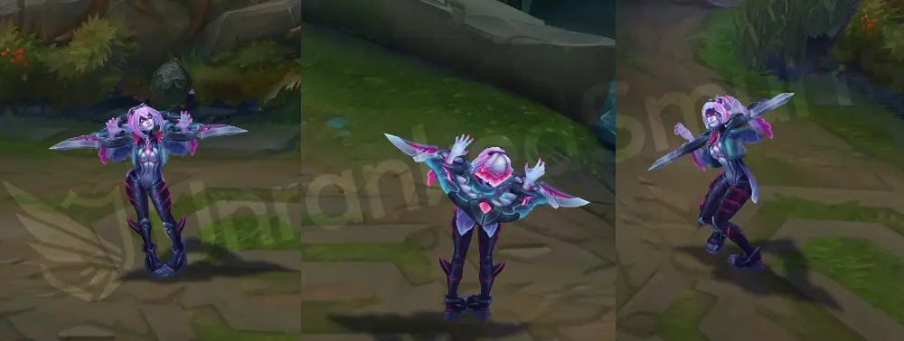 Primordian Briar front and side in-game skin overview showing blue jacket, cyan-pink fins, and Primordian textures