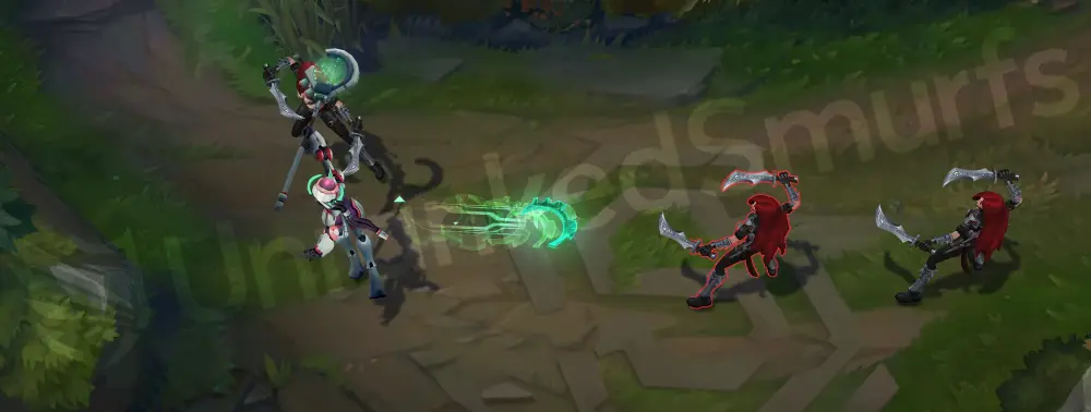 Program Soraka basic attack animation with teal muzzle flashes and digital spark impacts