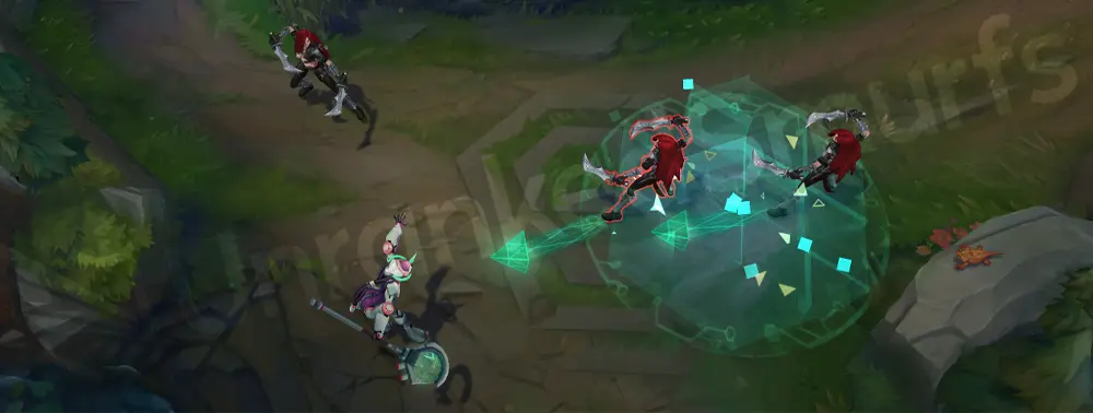 Program Soraka Q second frame as the hologram collapses into a clean teal burst