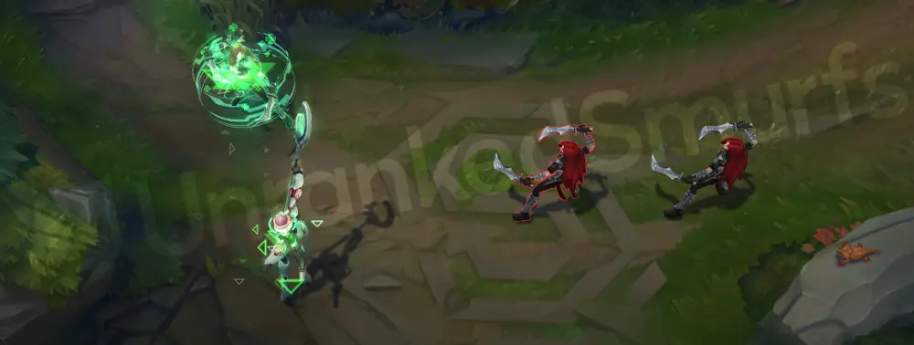 Program Soraka W - Astral Infusion emits a clean teal data tether to heal an ally