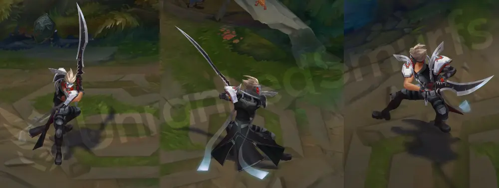 PsyOps Master Yi in-game model, front and side view showing black tactical armor, white plating, and red visor glow