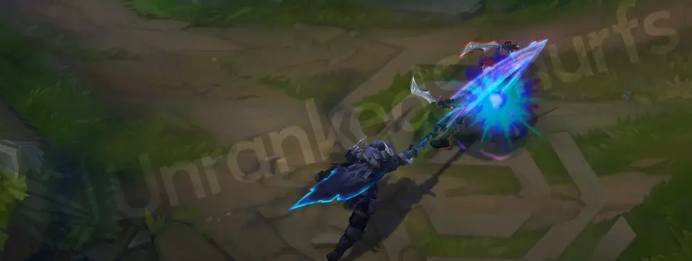 PsyOps Pyke Q first phase—charged harpoon with blue-green glitch VFX