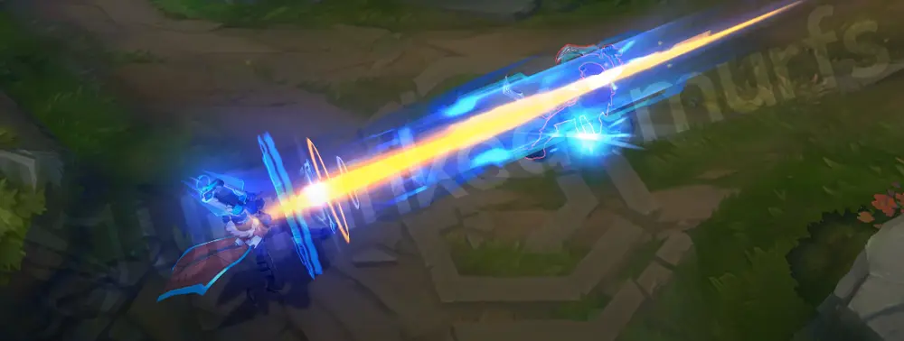 Pulsefire Lucian Q - Piercing Light with blue holographic beam and HUD lines
