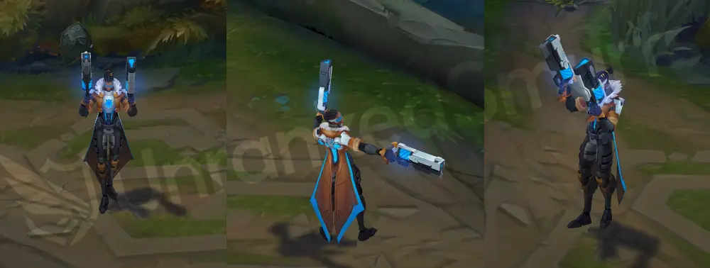 Pulsefire Lucian skin overview in-game, showing the black-and-orange suit and blue-lit pistols
