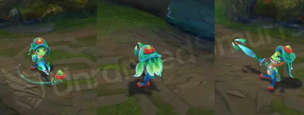 Rain Shepherd Fizz in-game overview: front and side view showing frog-green body, blue overalls, lilypad hat, and umbrella-trident