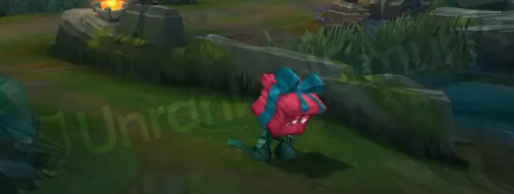Re-Gifted Amumu emote and idle pose highlighting the bow and box textures