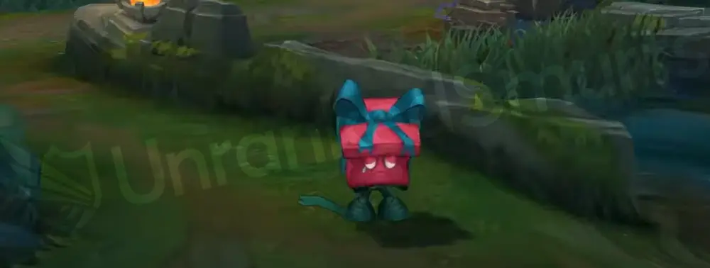 Re-Gifted Amumu skin front and side view in-game, showing the gift box head with teal ribbon