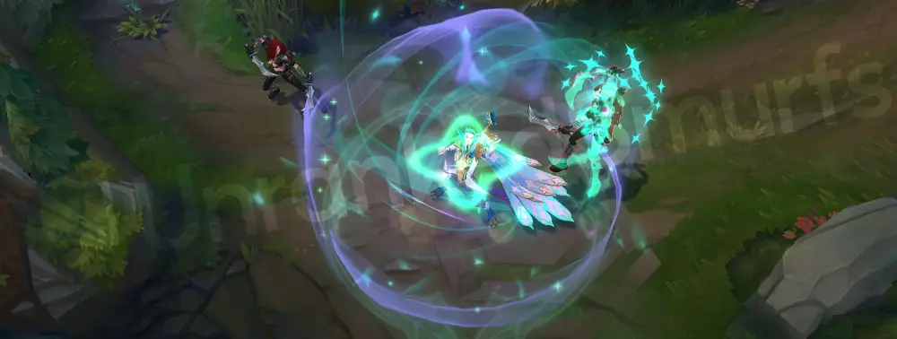 Redeemed Star Guardian Rakan W impact with purple-green star shockwave