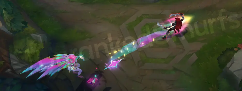 Redeemed Star Guardian Xayah Q - Double Daggers with pink and cyan star feathers (angle 1)