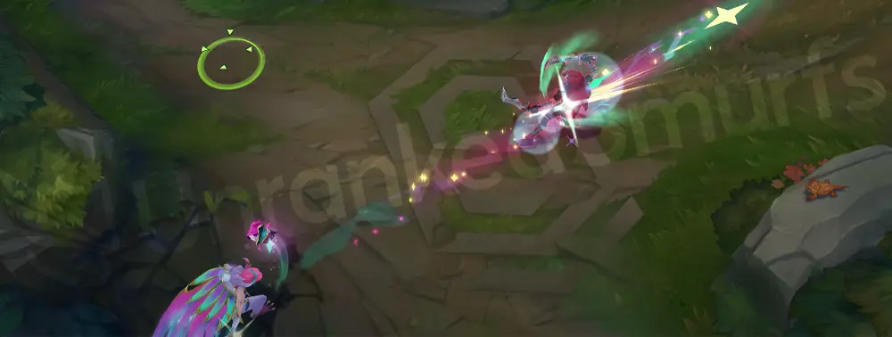 Redeemed Star Guardian Xayah Q - Double Daggers with pink and cyan star feathers (angle 2)