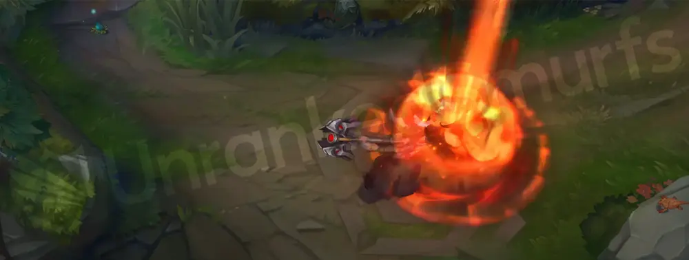 Resistance Jayce Q animation, mid-swing with red-orange VFX