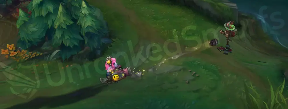 Riot Girl Tristana basic attack animation 1 with pink hair and graffiti cannon