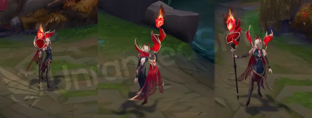 Risen Legend LeBlanc in-game overview with black-and-gold dress and red cape