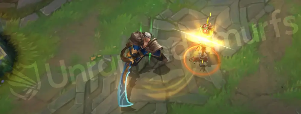 Rogue Admiral Garen auto attack animation with chipped cutlass