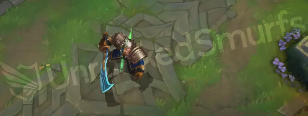 Rogue Admiral Garen front and side in-game, showing tattered blue admiral coat, beastly pauldron, and chipped cutlass