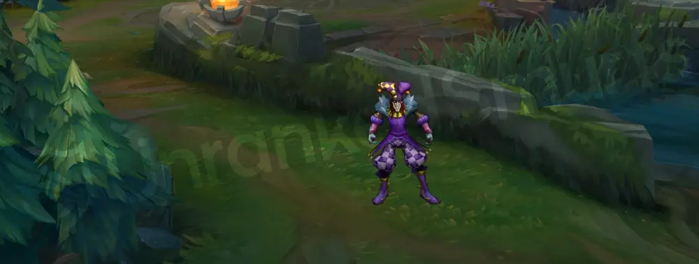 Royal Shaco in-game model, front and back view with purple and gold jester outfit
