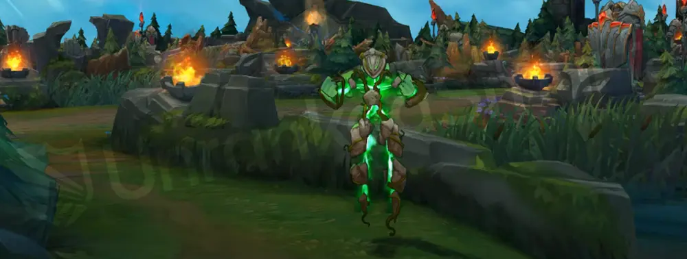 Runeborn Xerath emote display with stone fragments hovering