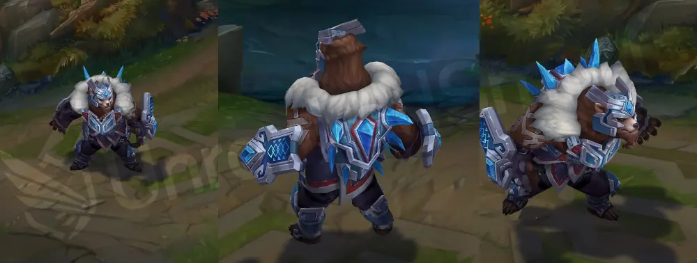Runeguard Volibear in-game overview, showing silver-blue runic armor and glowing purple sigils