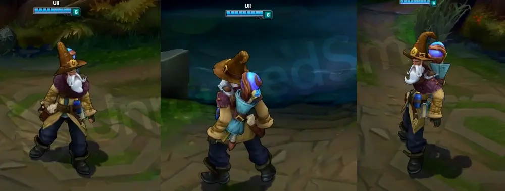 Ryze Whitebeard front and side profile in-game, showing his tall hat and long white beard
