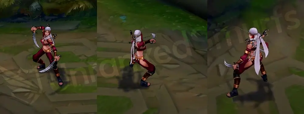 Sandstorm Katarina in-game model, front and side view with crimson desert wrap and white scarf