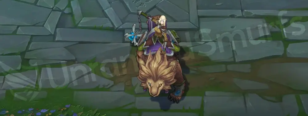 Sejuani Dawnchaser skin overview showing the elf ranger rider and her lion mount from front and side