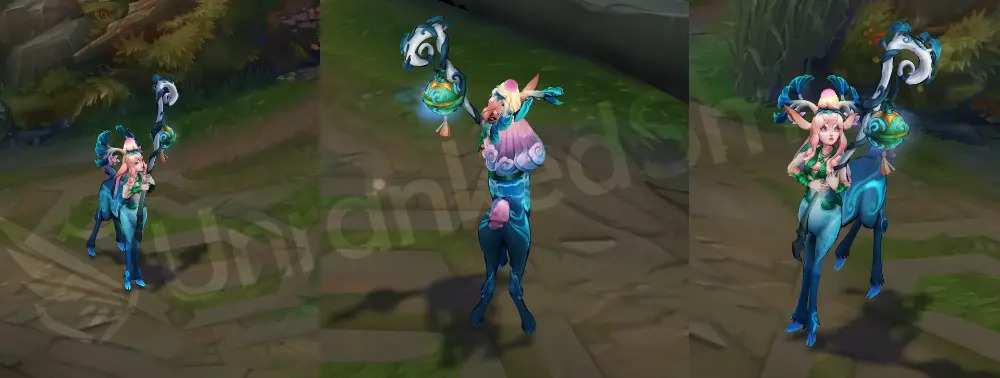 Shan Hai Scrolls Lillia in-game model, front and side view with jade-teal outfit and lantern staff