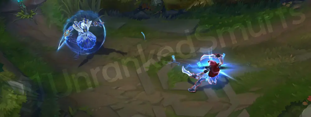 Shockblade Kassadin Q alternate angle showing projectile trail and runes