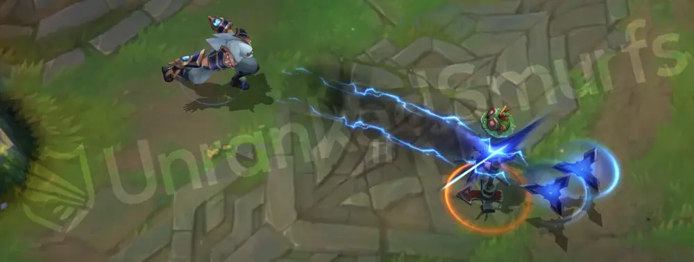 Shockblade Zed Q shuriken part 2 from shadows with electric cyan glow