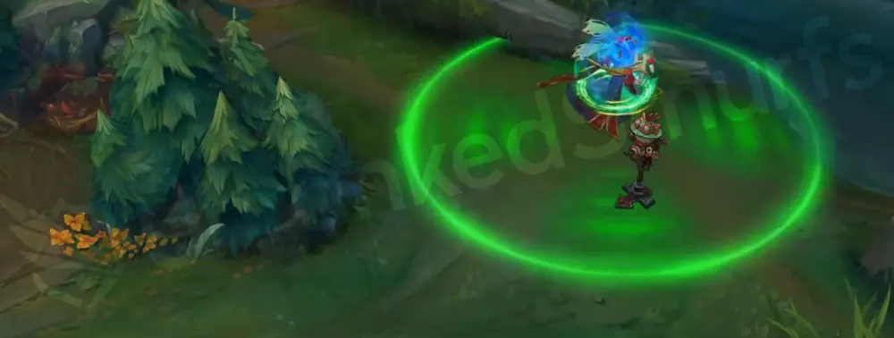 Silent Night Sona W aura with green-gold glow and soft snow flecks