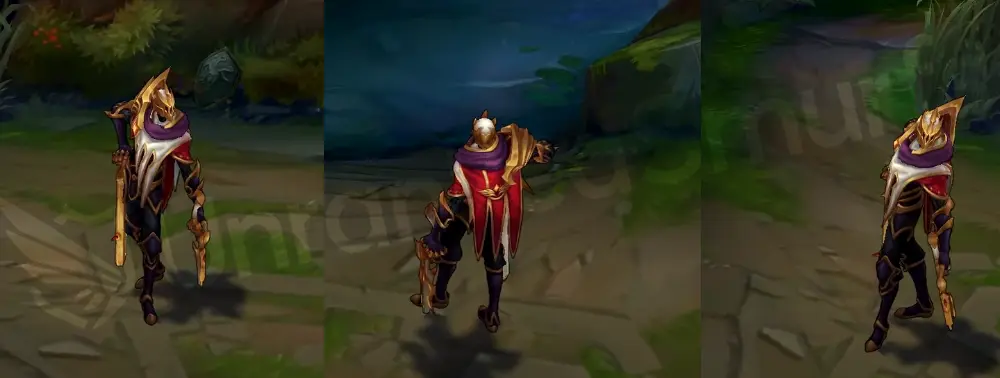 SKT T1 Jhin skin overview in-game showing black and gold armor, gold mask, and scarf