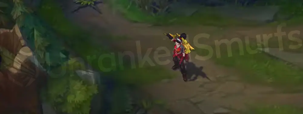 SKT T1 Vayne in-game overview, showing red-and-black jersey and gold crossbow