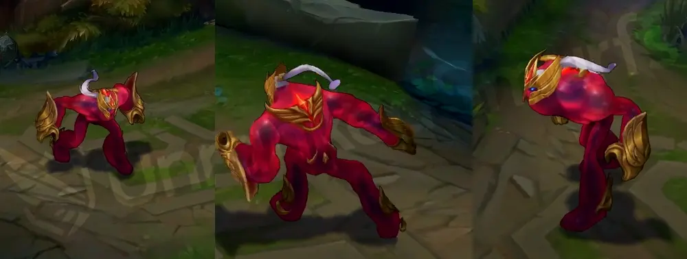 SKT T1 Zac front and side in-game view showing red body, gold mask, and gauntlets