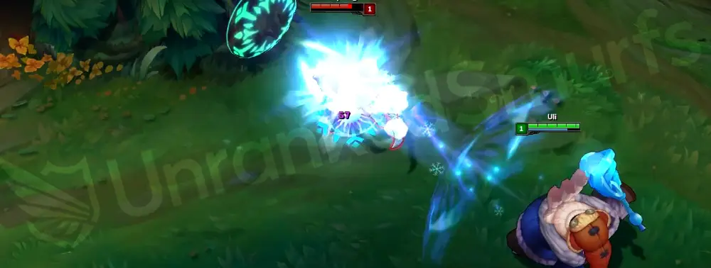 Snow Day Bard Q (Cosmic Binding) snowball-like projectile in icy blue