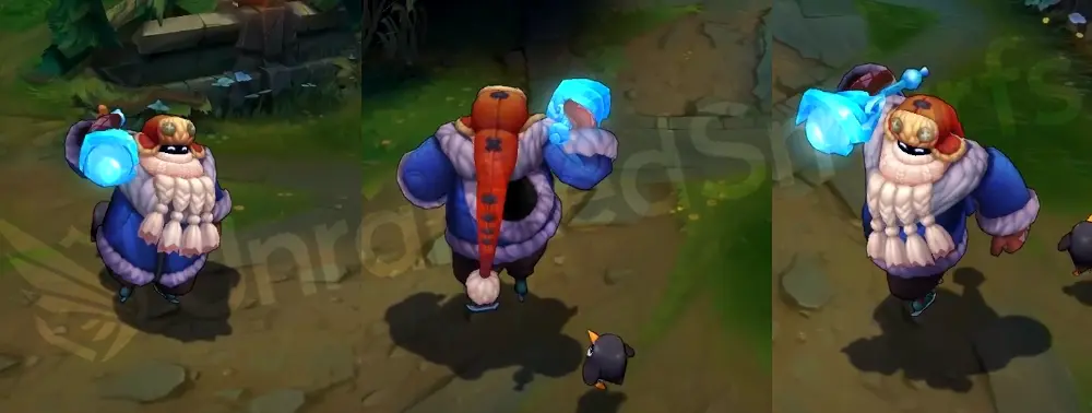 Snow Day Bard front and side in-game view showing blue coat, orange hat, scarf, and skates