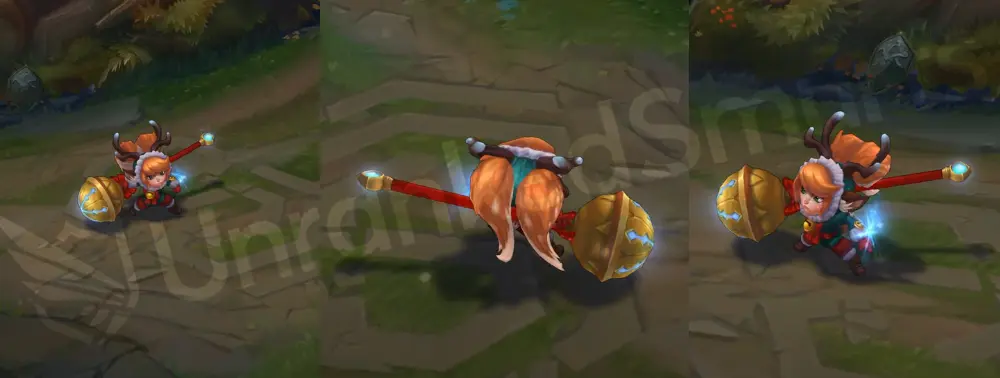 Snow Fawn Poppy in-game overview, front and side with reindeer antlers and bell hammer